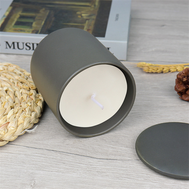 Custom Matte Grey Ceramic Candle Cup With Lid Decoration